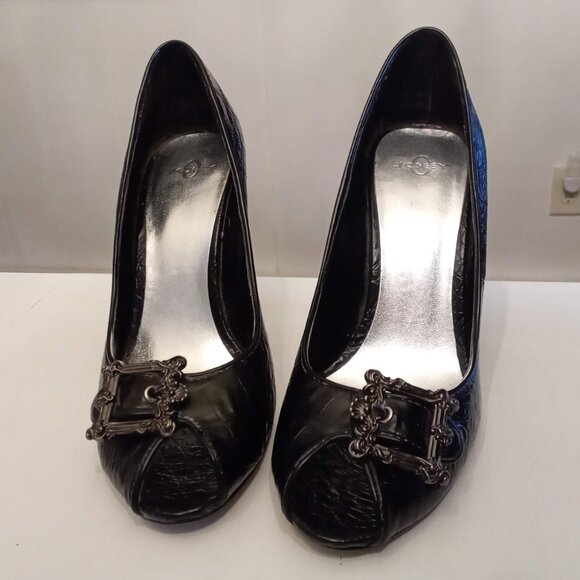 Joey O Black Stilettos Moc Croc Buckle Peep Toes size 8 silver insoles 4" Heels - Picture 4 of 8